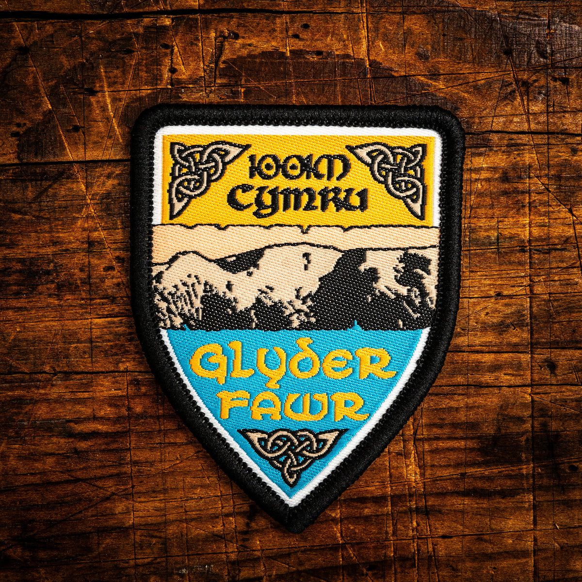 Glyder Fawr Celtic design woven patch – highest point of the Glyderau range in Snowdonia, iron-on