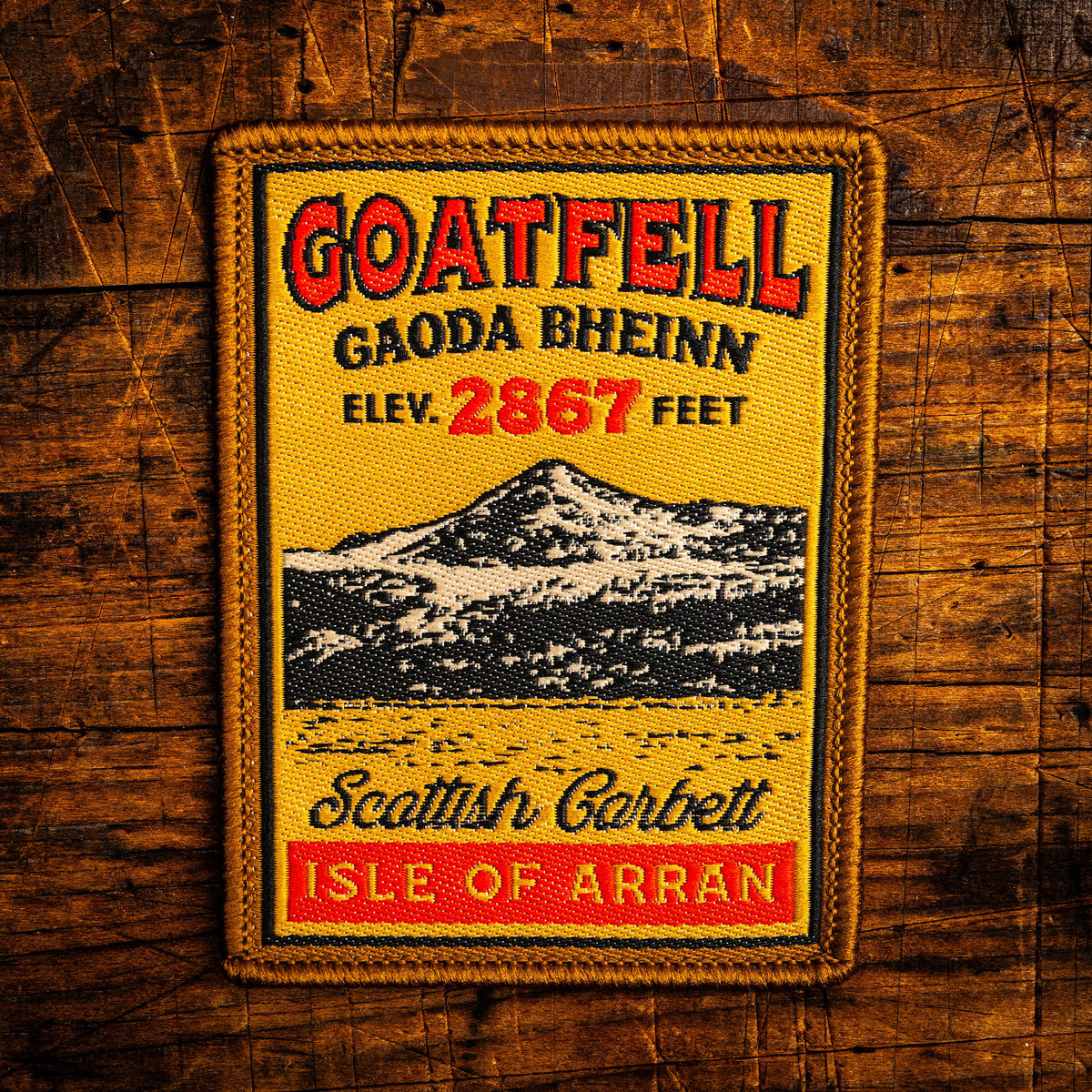 Goat Fell retro woven patch – highest point on the Isle of Arran, Scotland, whisky label design, iron-on