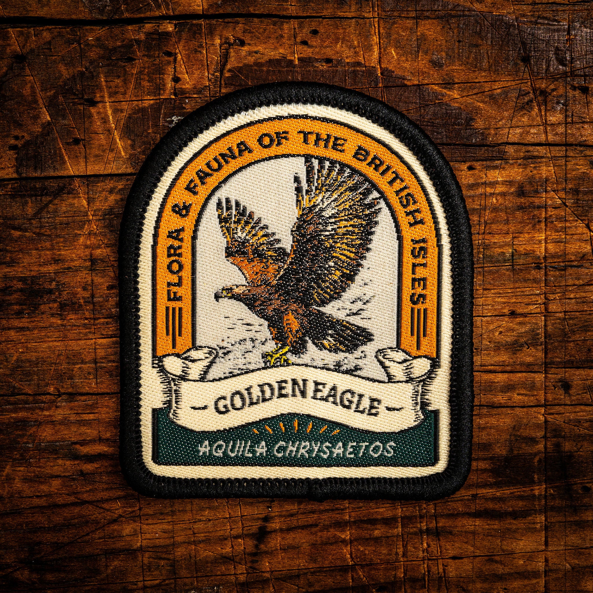 Golden Eagle retro woven patch - majestic Scottish raptor, wildlife patch, iron-on backing, recycled yarn