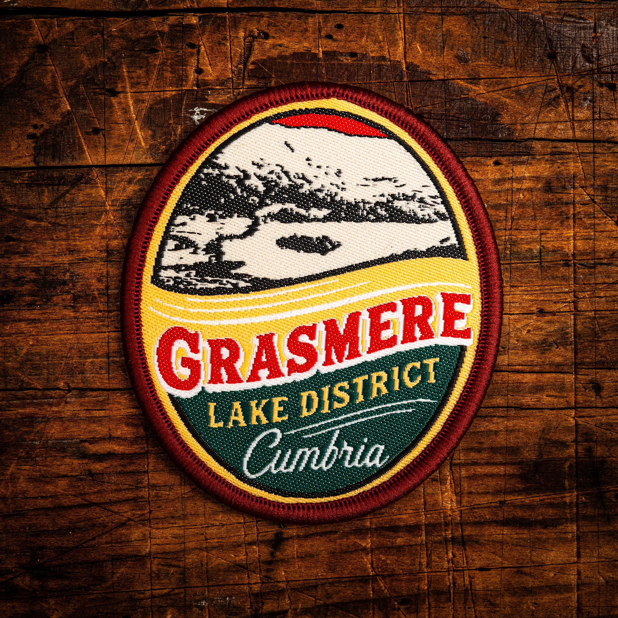 Grasmere retro woven patch – famous Lake District lake and village, beer pump clip design, iron-on backing