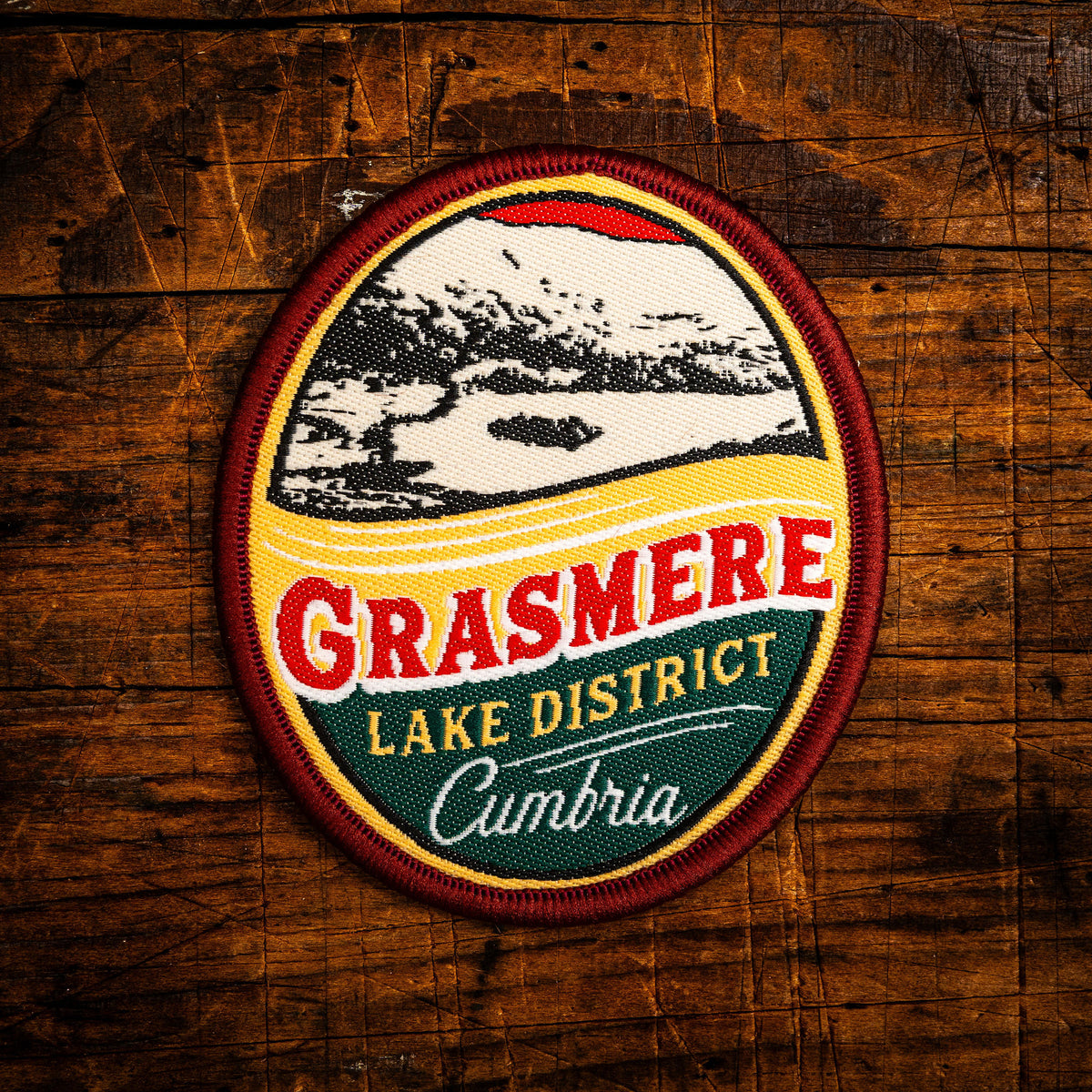 Grasmere retro woven patch – famous Lake District lake and village, beer pump clip design, iron-on backing