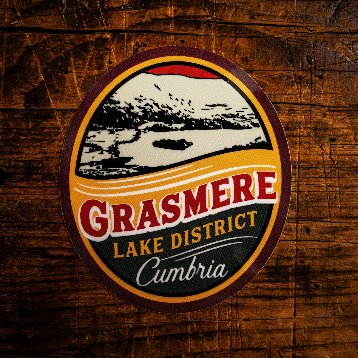 Grasmere waterproof vinyl sticker - famous Lake District village and lake, UV resistant, dishwasher safe