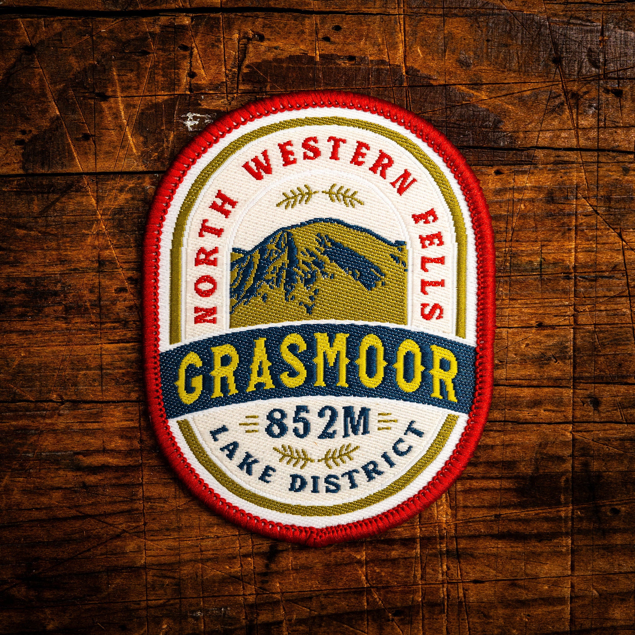 Grasmoor retro woven patch – North Western Fells Wainwright, Lake District, iron-on backing