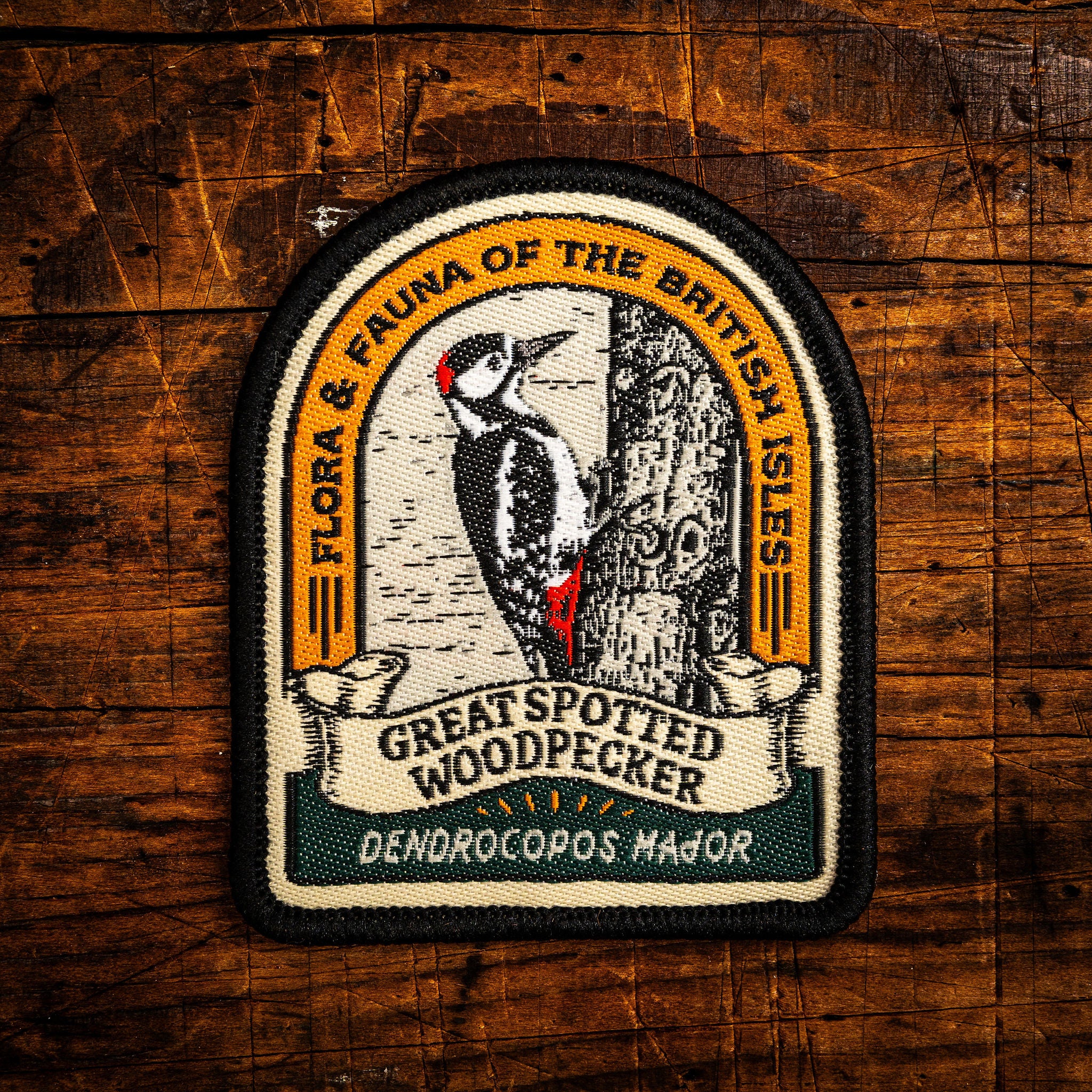 Great Spotted Woodpecker retro woven patch - colourful British woodland bird, wildlife patch, iron-on