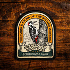 Great Spotted Woodpecker retro woven patch - colourful British woodland bird, wildlife patch, iron-on