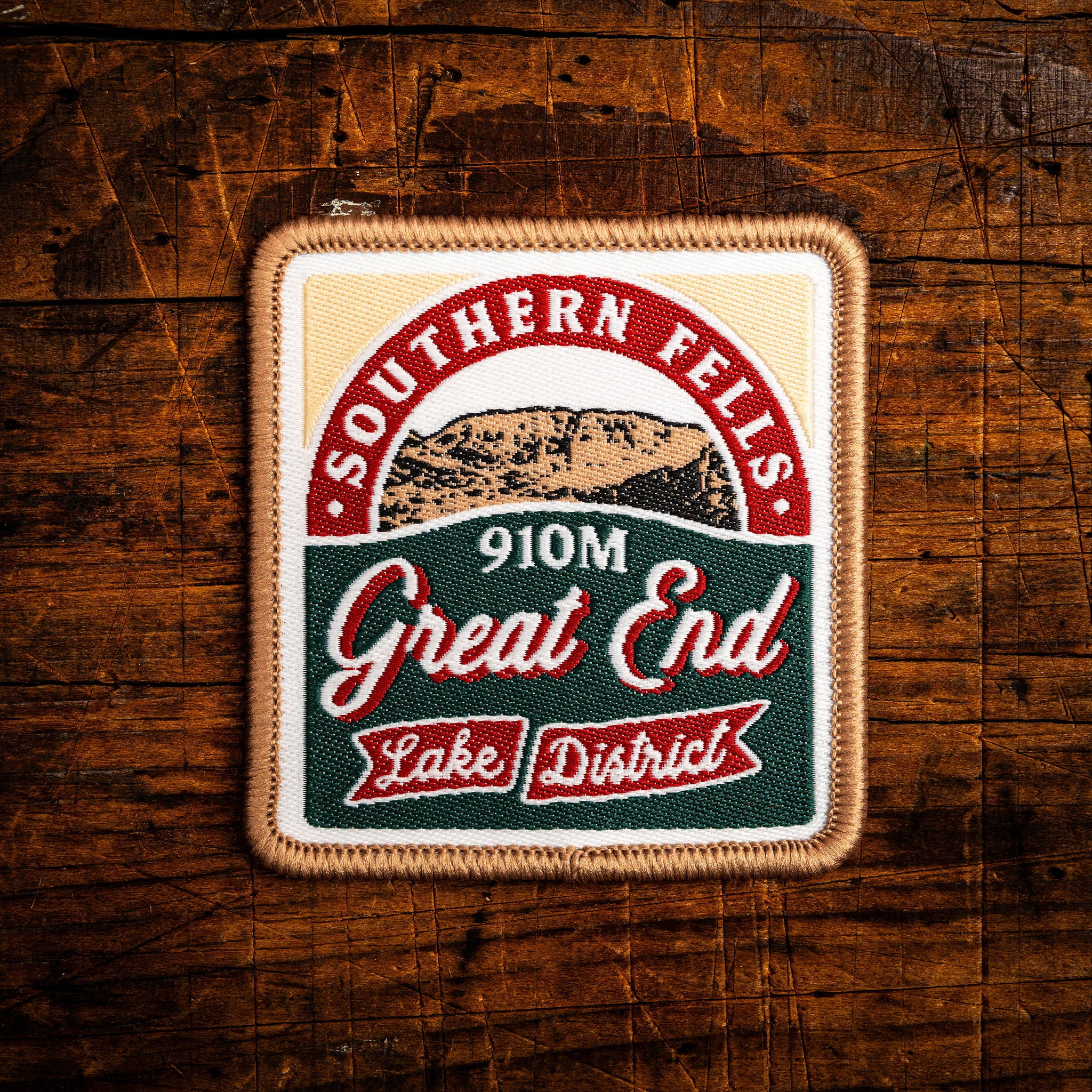 Great End retro woven patch – Southern Fells Wainwright, Lake District, iron-on backing, recycled yarn