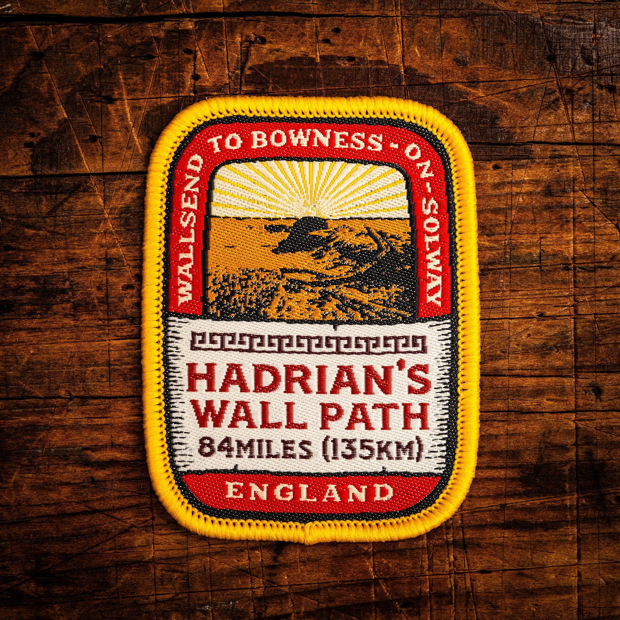Hadrian's Wall Path retro woven patch – national trail from Wallsend to Bowness-on-Solway, iron-on
