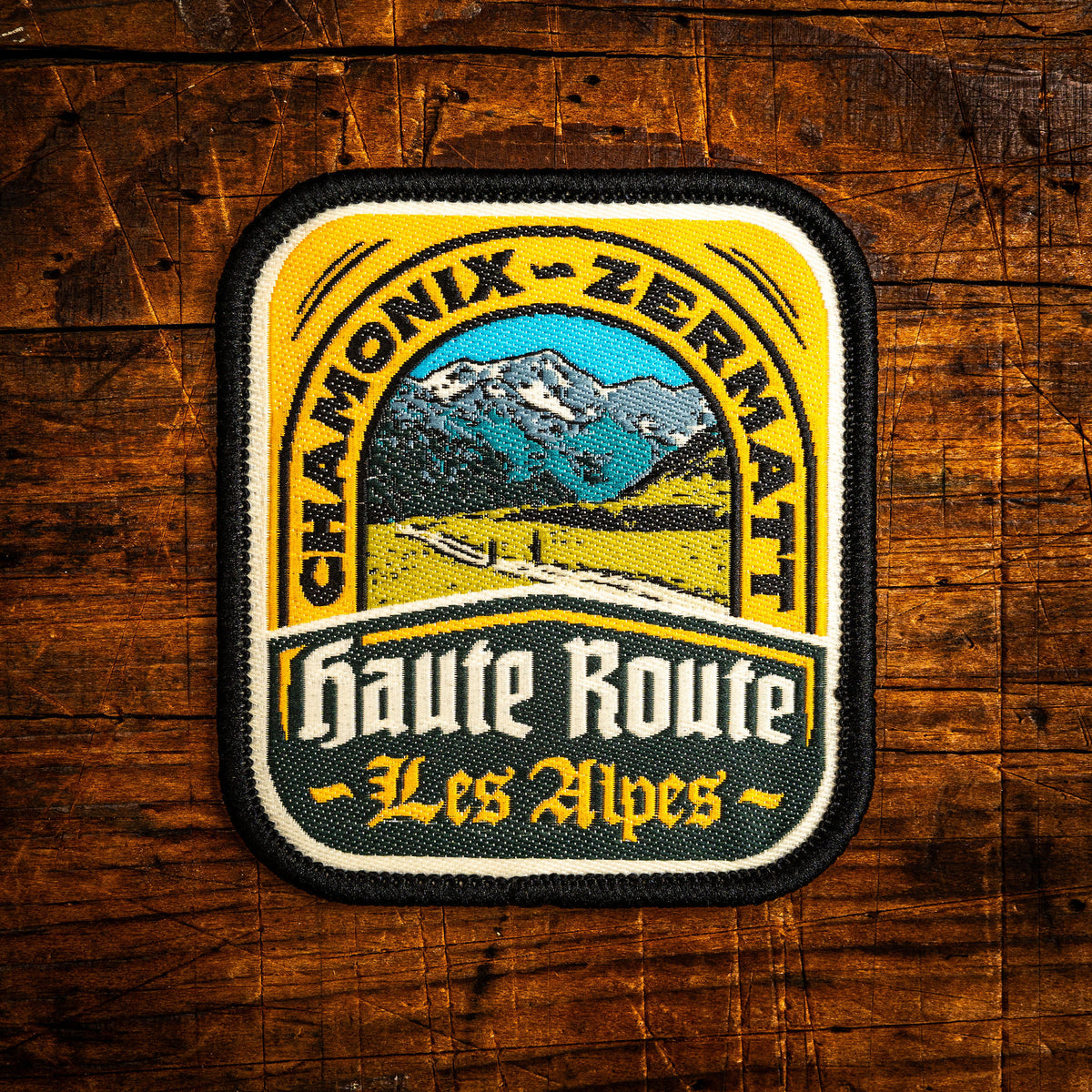 Haute Route retro woven patch – iconic Alpine traverse between Chamonix and Zermatt, iron-on backing