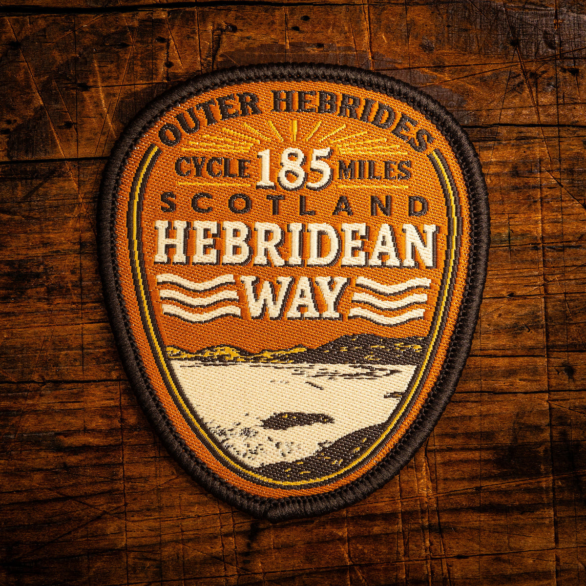 Hebridean Way (Cycle Route) retro woven patch - iconic Scottish cycling route through the Outer Hebrides, iron-on