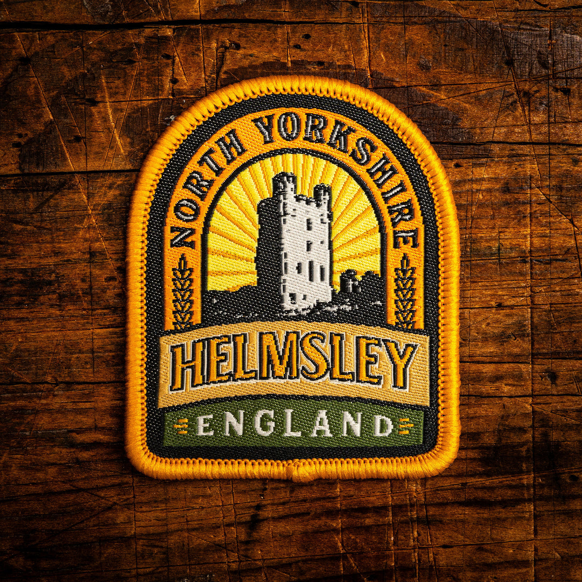 Helmsley retro woven patch - historic North Yorkshire market town in the North York Moors, iron-on