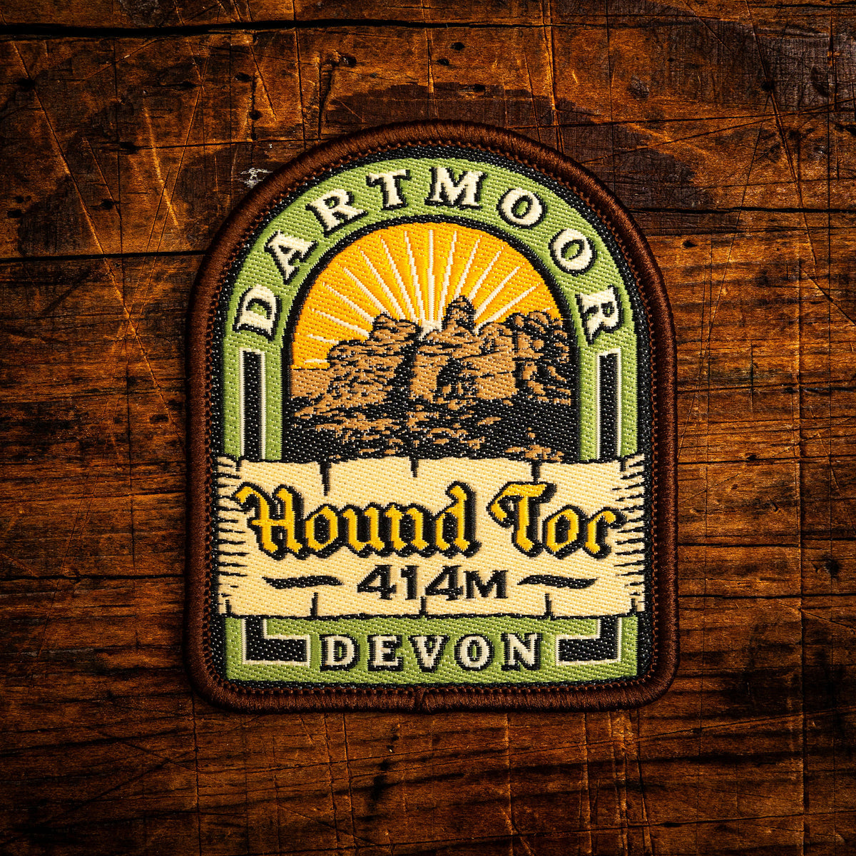 Hound Tor retro woven patch – popular Dartmoor tor, iron-on backing, recycled yarn