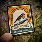 European Robin patch lifestyle shot on outdoor gear - retro woven British wildlife patch