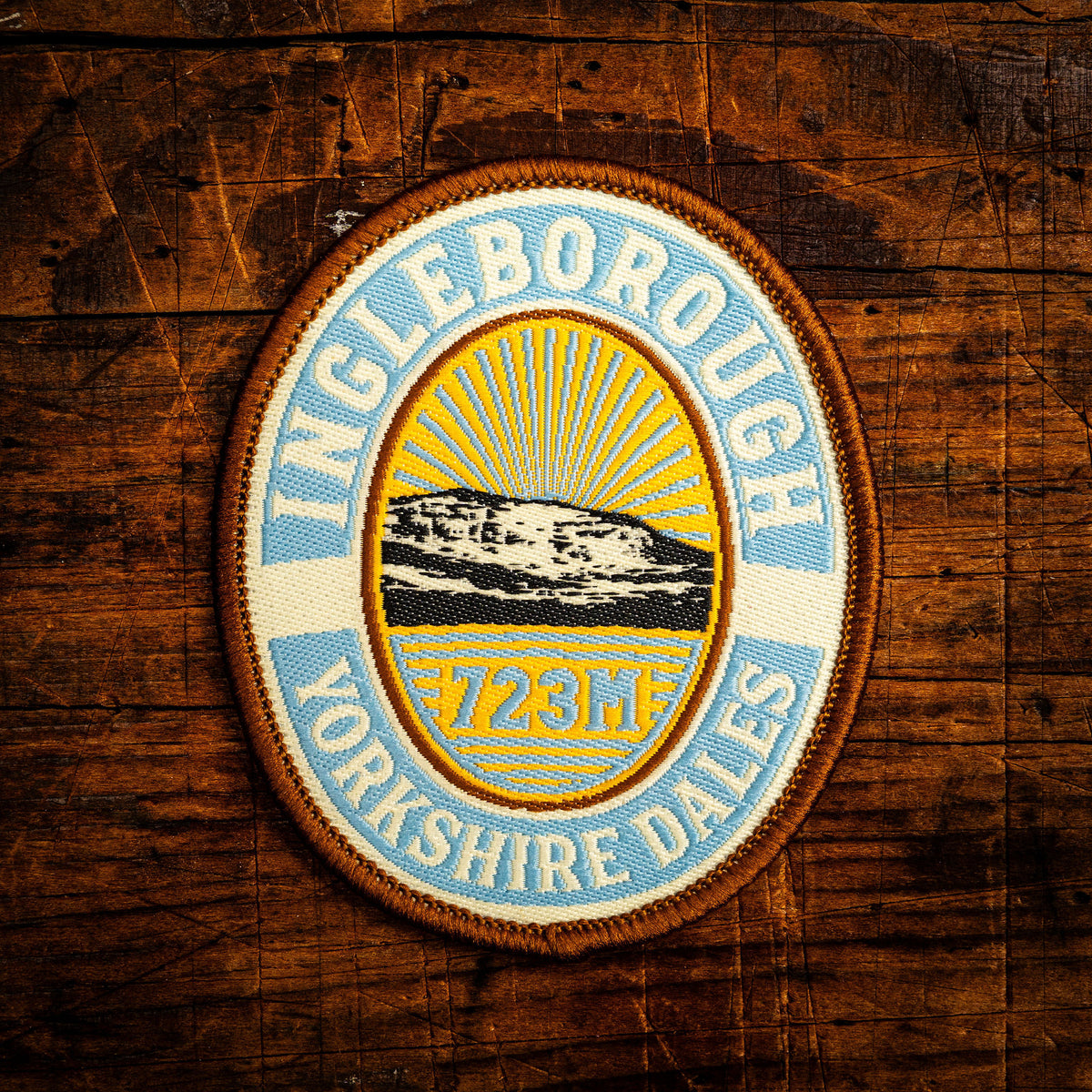 Ingleborough retro woven patch – iconic Yorkshire Dales peak, iron-on backing, recycled yarn