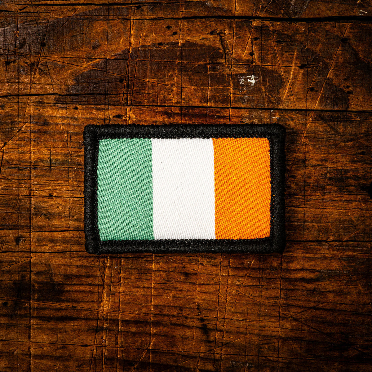 Ireland flag retro woven patch – velcro-backed Irish Tricolour patch, 4.5cm x 3cm, recycled yarn