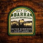 Isle of Barra retro woven patch - Outer Hebrides Scottish island, whisky label design, iron-on backing