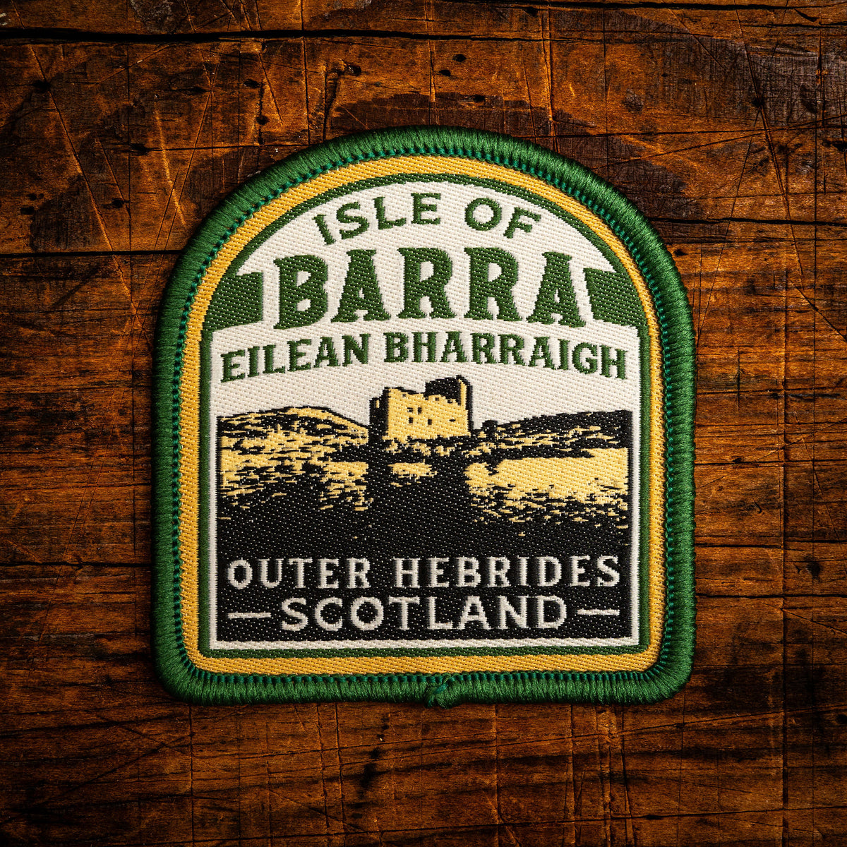 Isle of Barra retro woven patch - Outer Hebrides Scottish island, whisky label design, iron-on backing