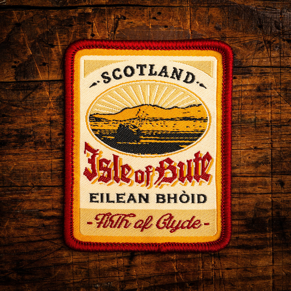 Isle of Bute retro woven patch - Scottish island in the Firth of Clyde, whisky label design, iron-on