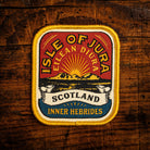 Isle of Jura retro woven patch - wild Scottish island, home of George Orwell, whisky label design, iron-on