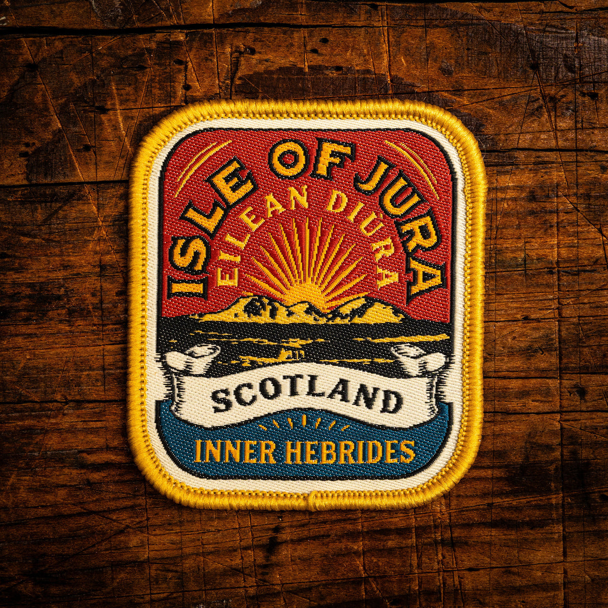 Isle of Jura retro woven patch - wild Scottish island, home of George Orwell, whisky label design, iron-on