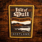 Isle of Mull retro woven patch – wild rugged Scottish island, whisky label design, iron-on backing