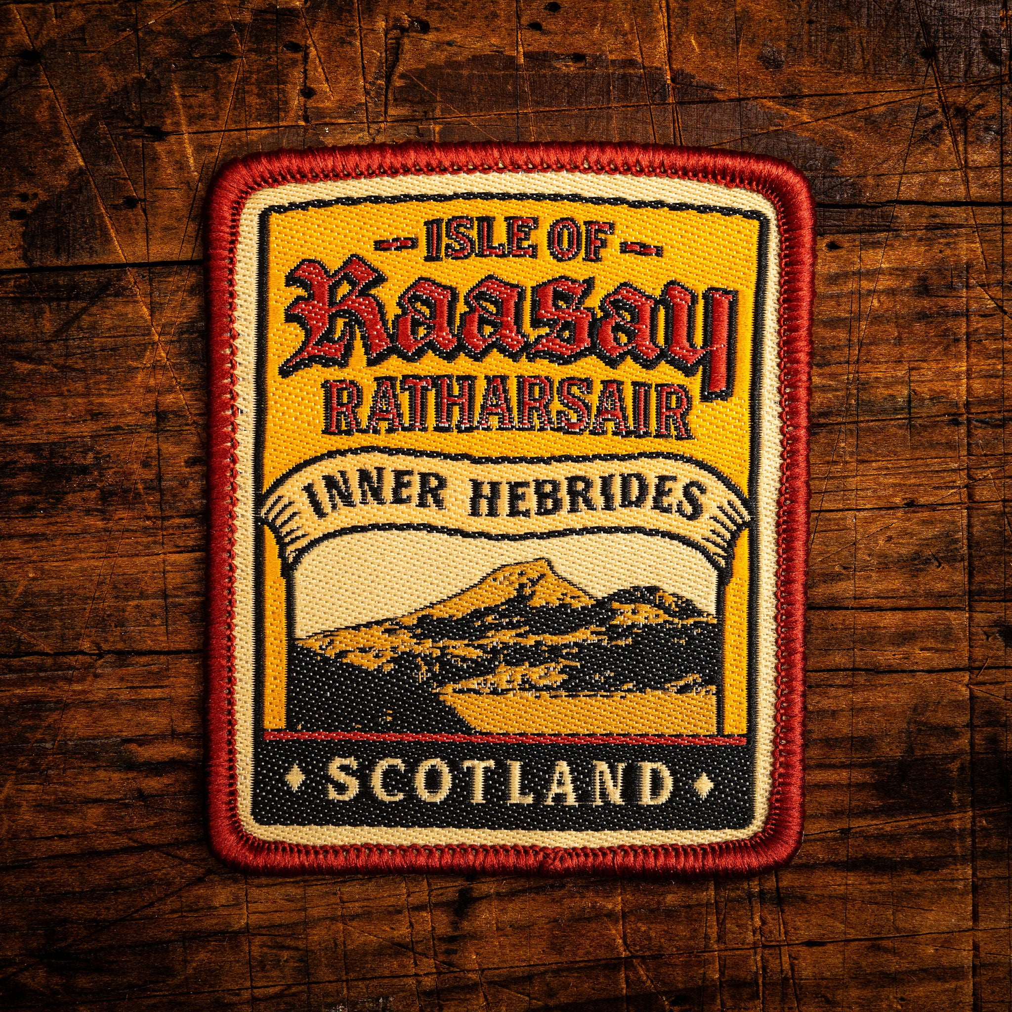 Isle of Raasay retro woven patch - small Scottish island off the coast of Skye, whisky label design, iron-on
