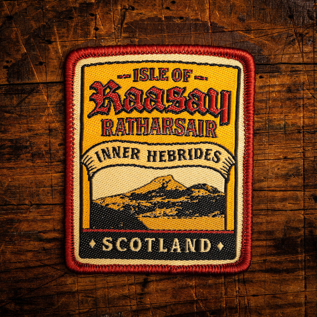 Isle of Raasay retro woven patch - small Scottish island off the coast of Skye, whisky label design, iron-on