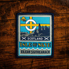 Isle of Skye retro woven patch – Eilean Sgitheanach, Scotland, whisky label design, iron-on backing