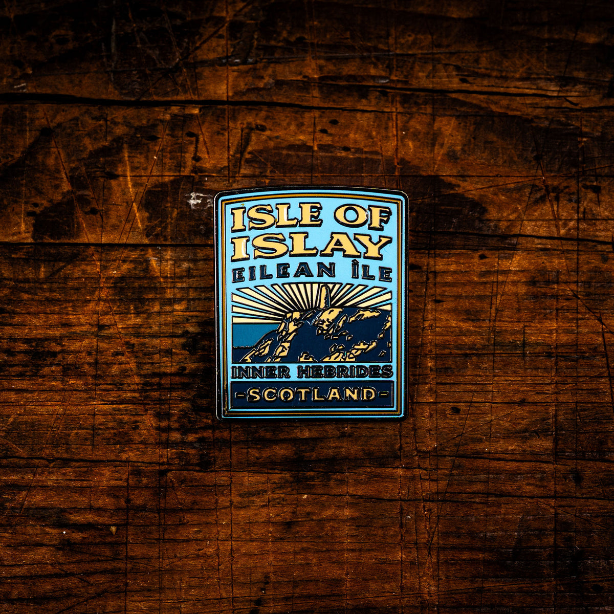 Isle of Islay hard enamel pin badge - Scottish whisky island, whisky label design, butterfly clasp