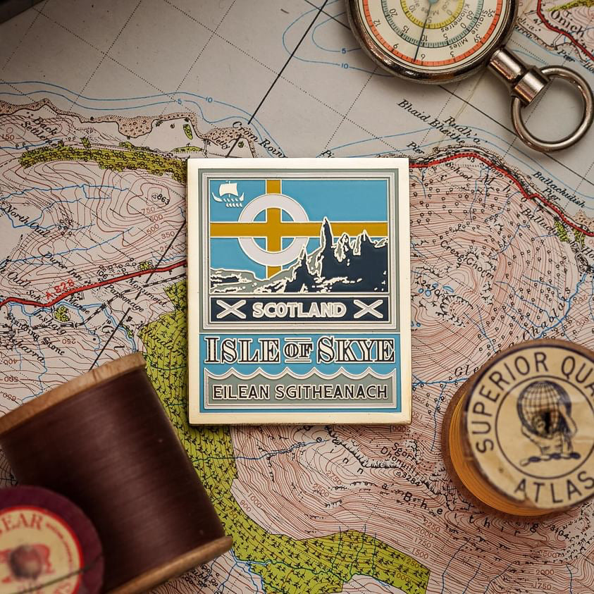 Isle of Skye hard enamel fridge magnet - enchanting Scottish island, whisky label design