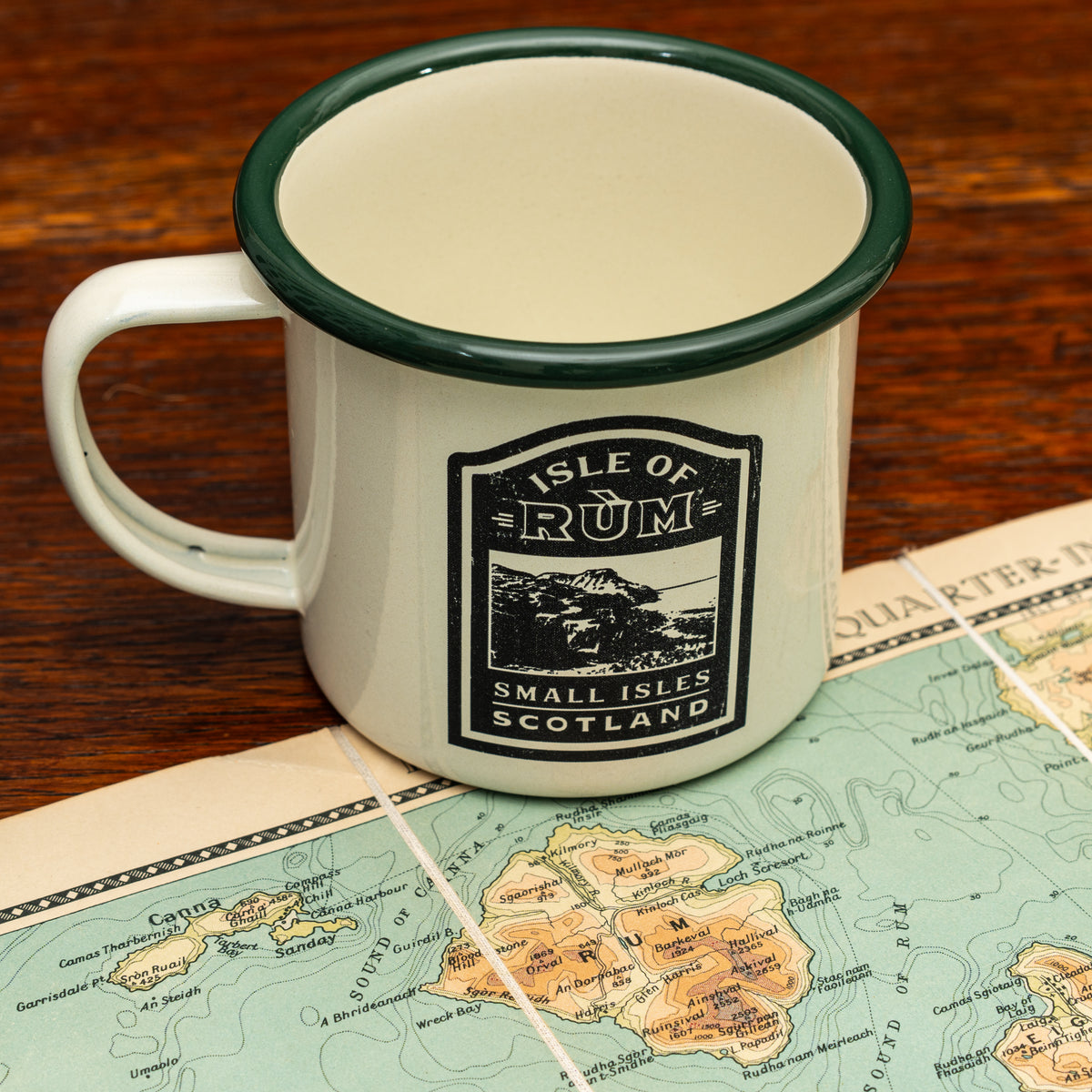 Isle of Rum camp mug close-up detail - hard enamel camping mug retro design