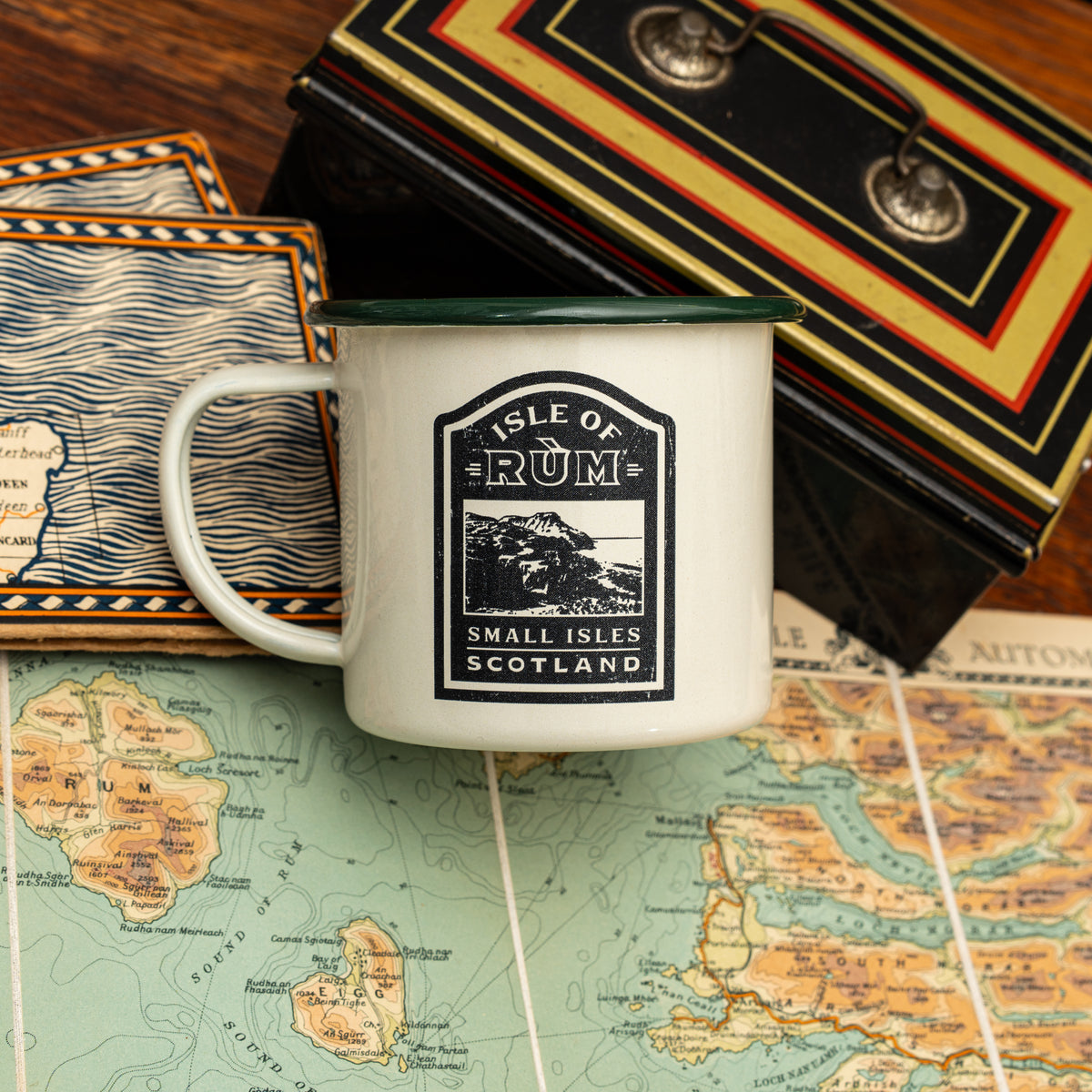 Isle of Rum hard enamel camp mug - remote Scottish island, retro whisky label design
