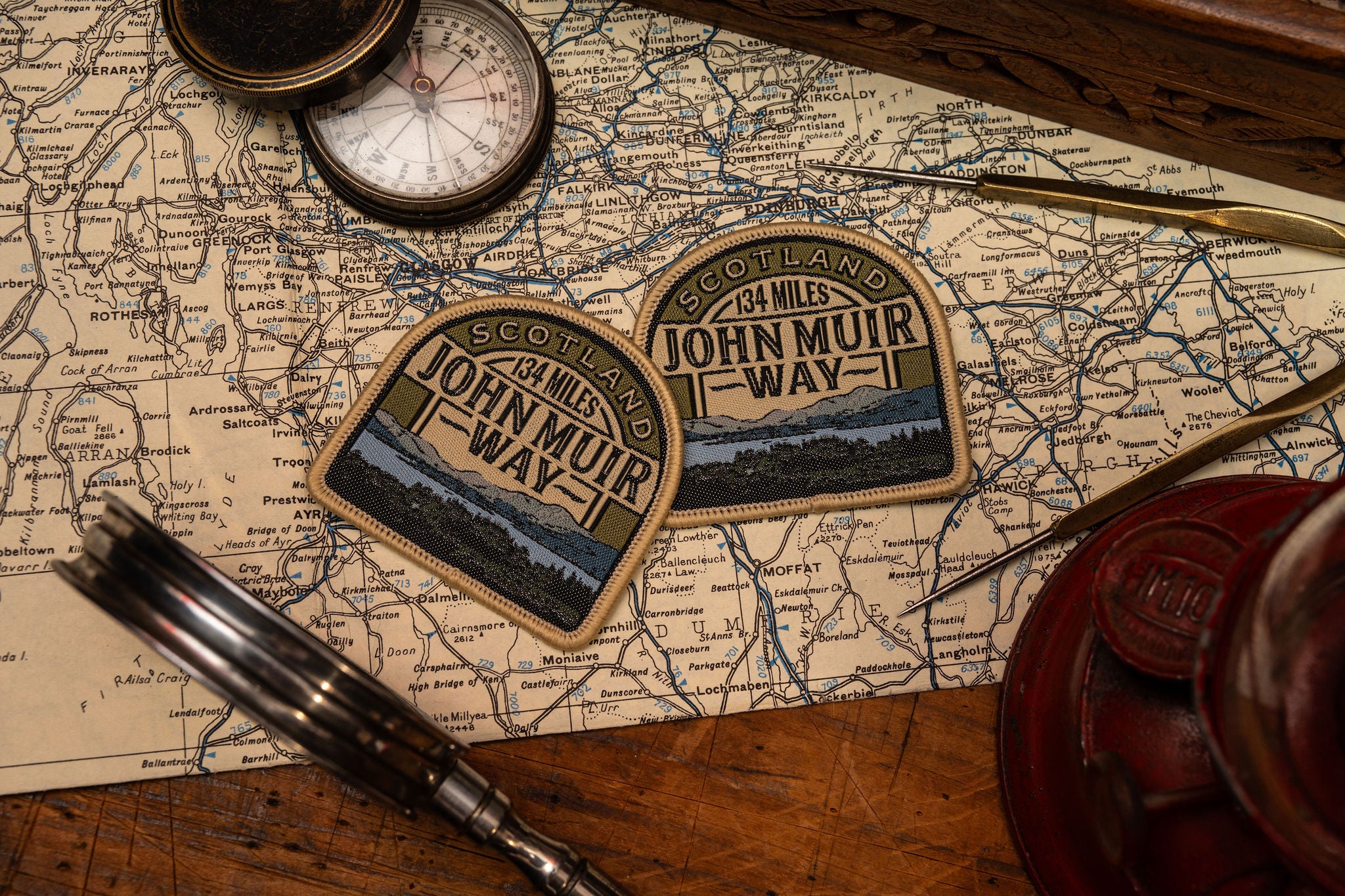 John Muir Way patch product shot - retro woven Scottish trail patch