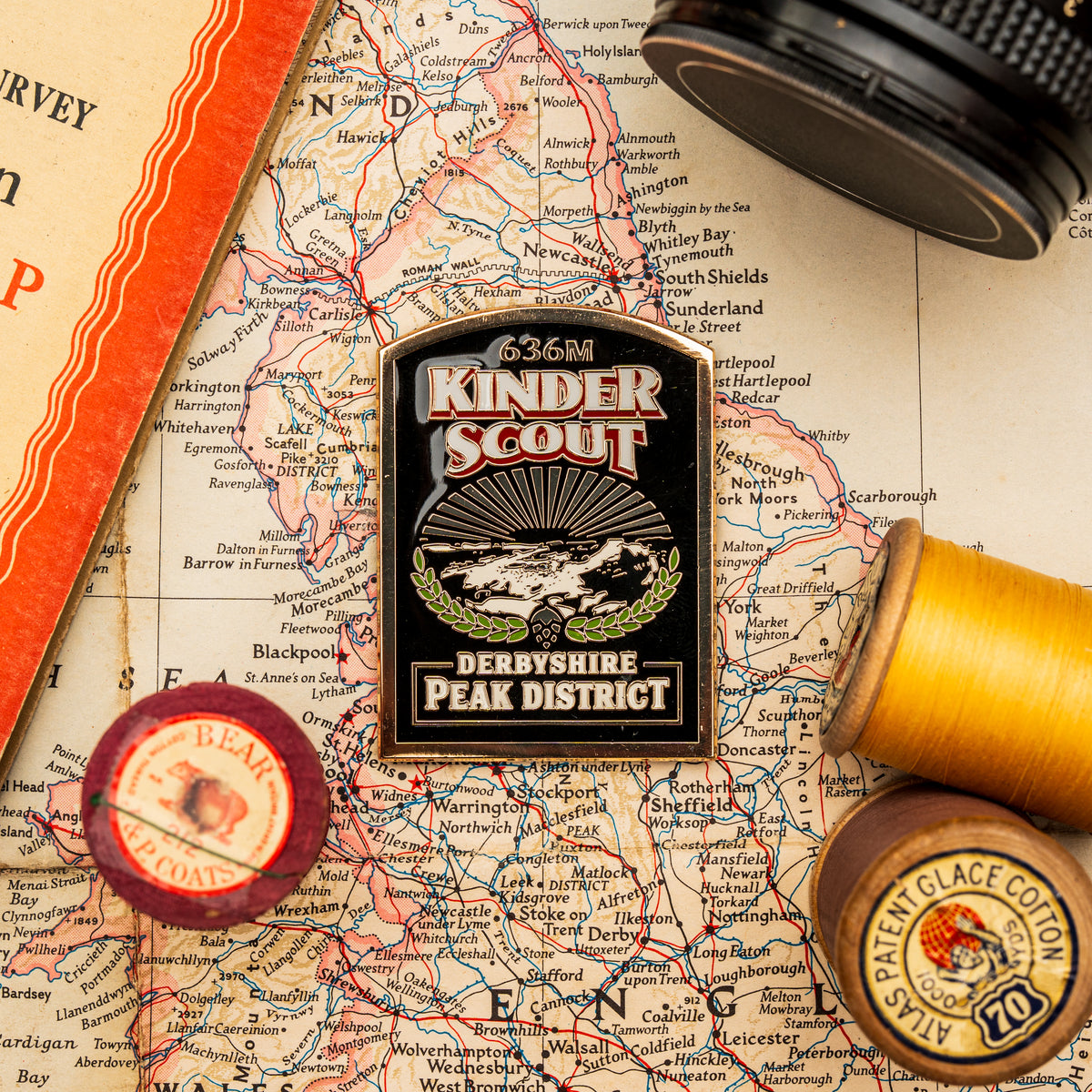 Kinder Scout hard enamel fridge magnet - highest point in Peak District, pub sign design