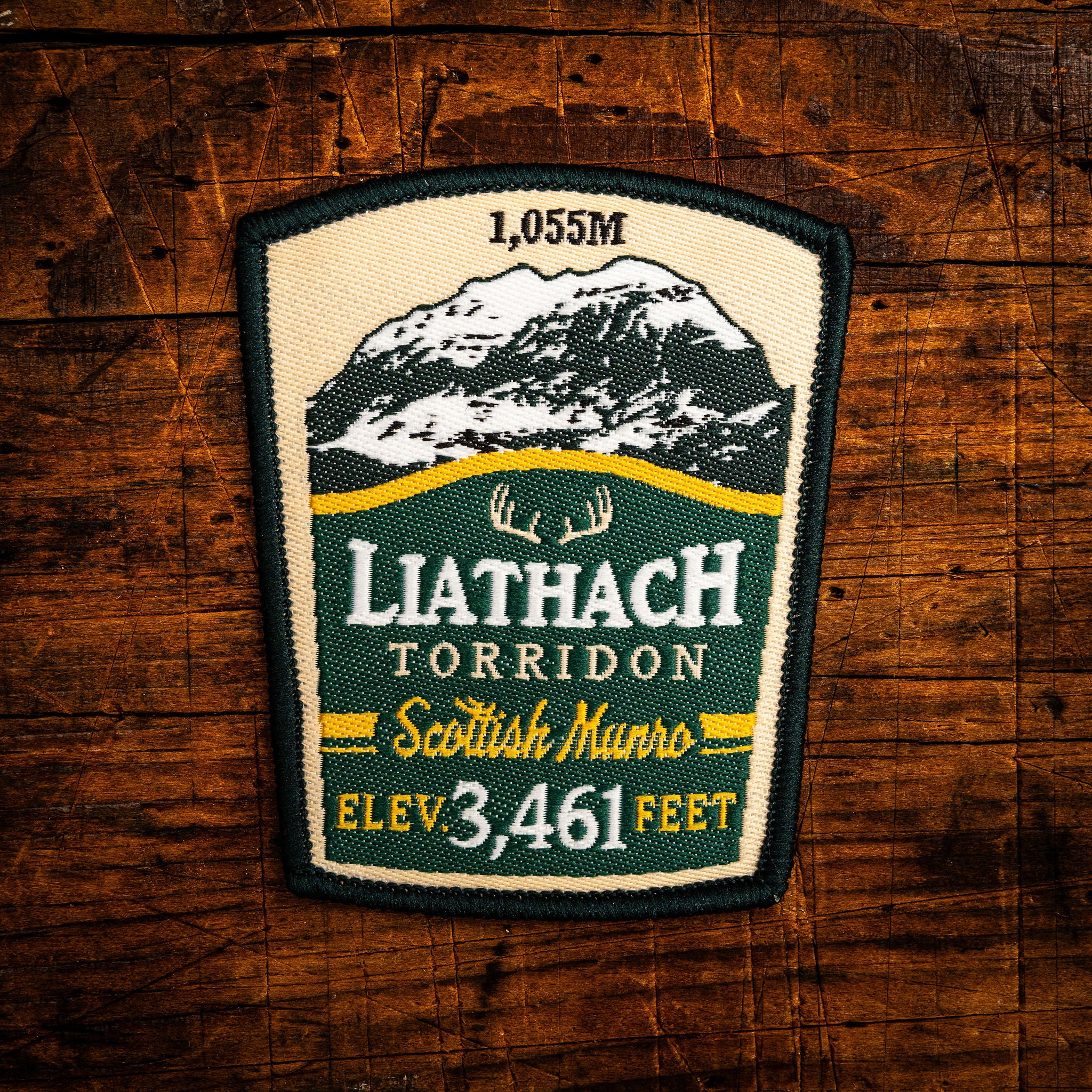 Liathach retro woven patch – iconic Torridon Munro, Scotland, whisky label design, iron-on backing