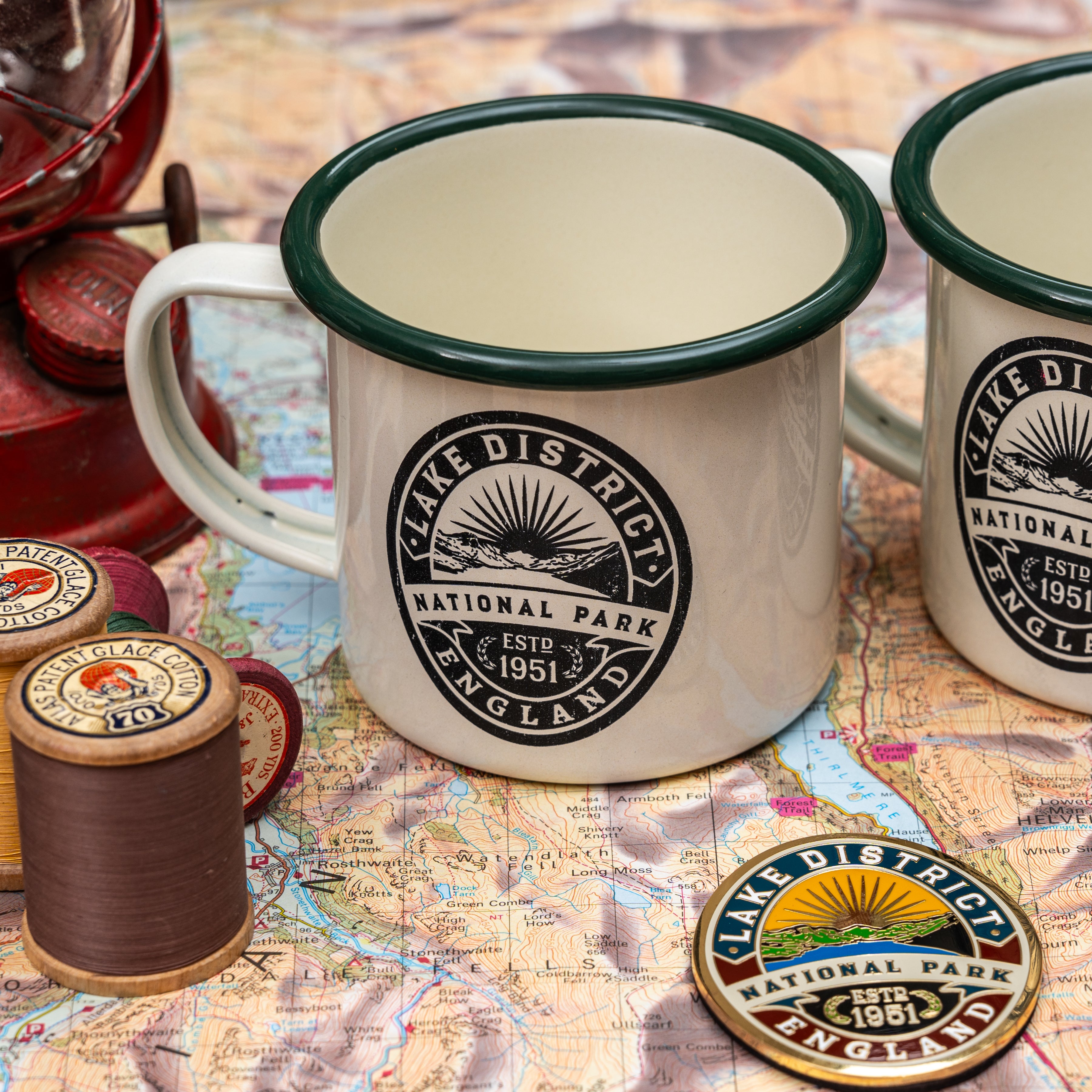 Lake District National Park hard enamel camp mug - beer pump clip design, for fell walkers and outdoor enthusiasts