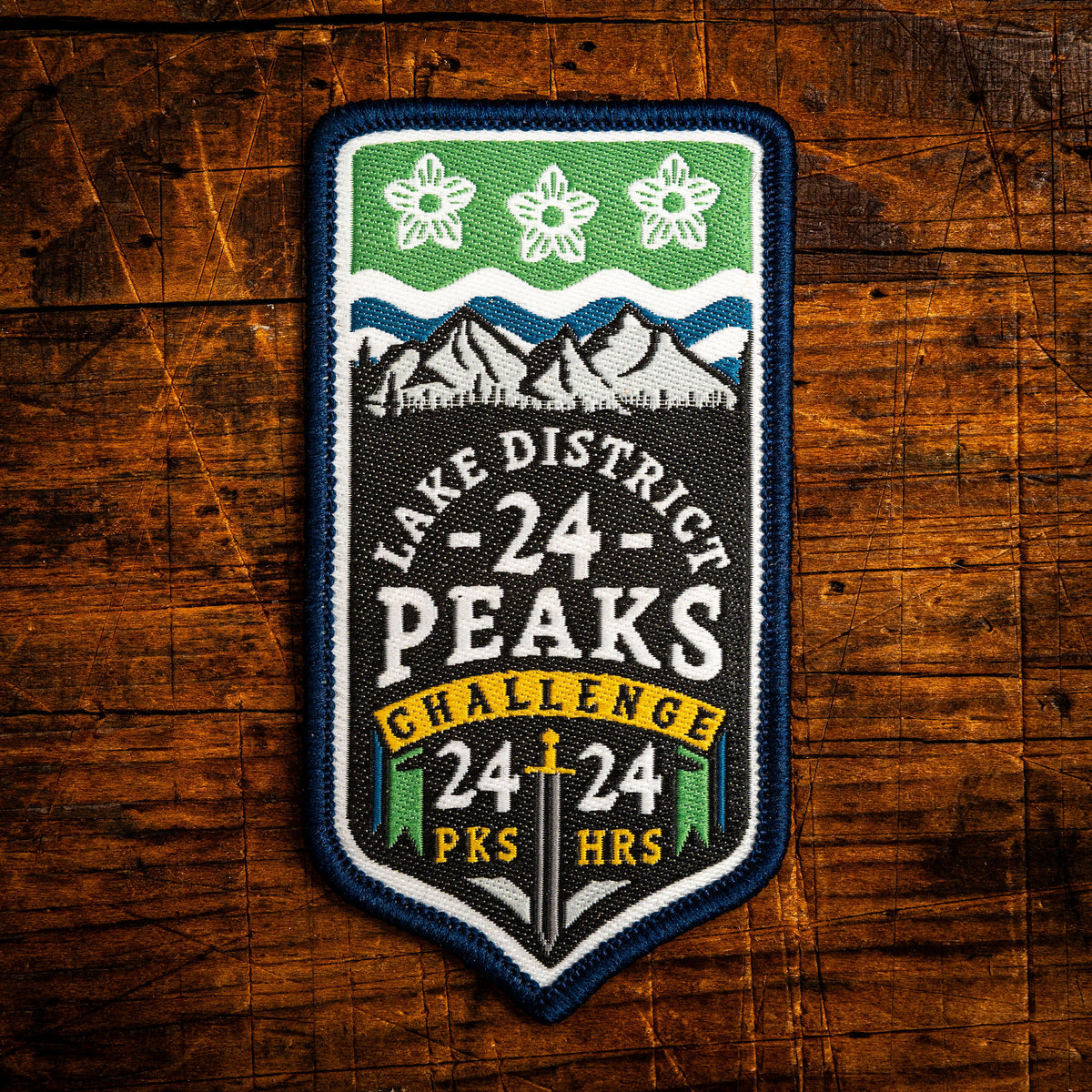 Lake District 24 Peaks Challenge retro woven patch – 24 fells in 24hrs, iron-on backing, recycled yarn