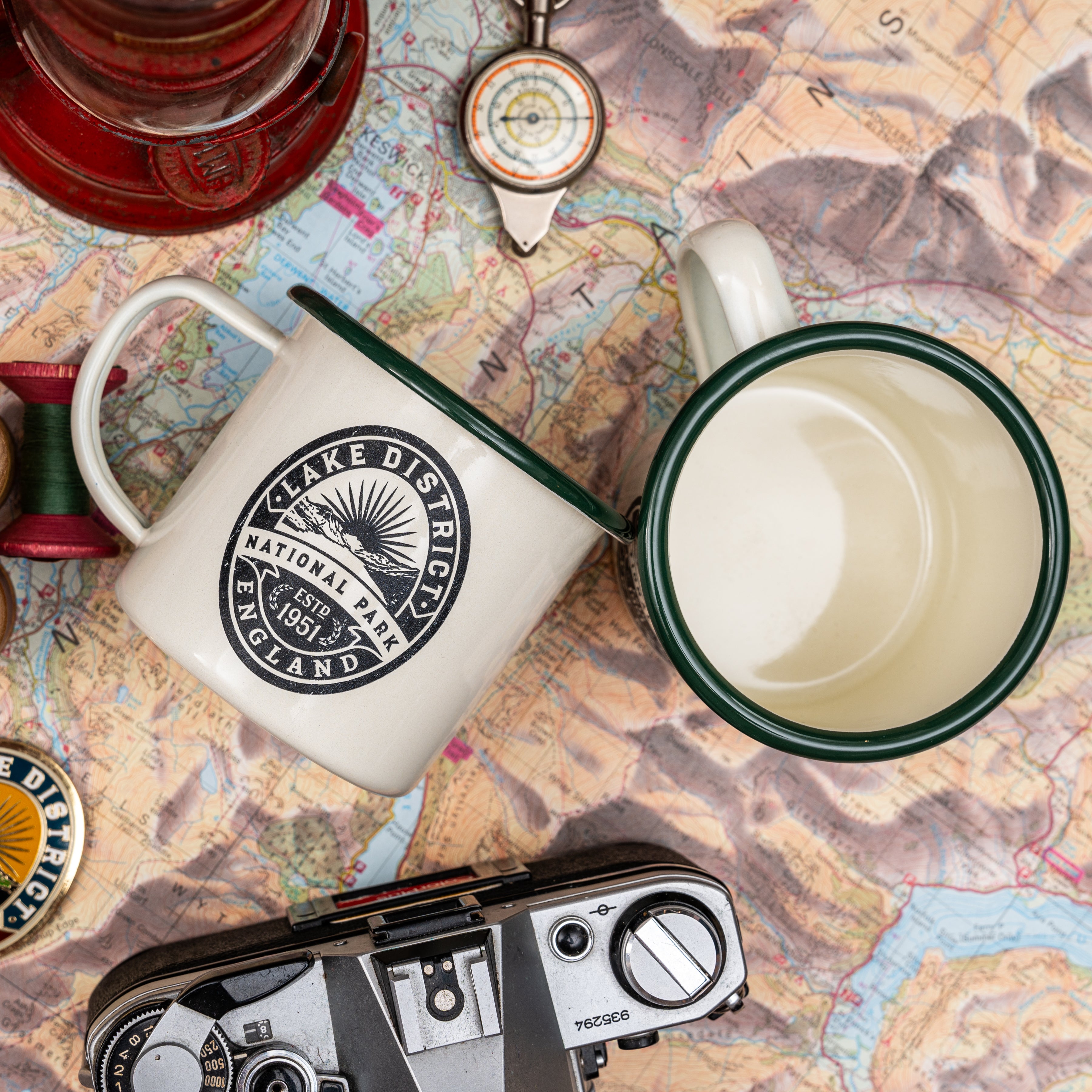 Lake District National Park camp mug close-up - hard enamel camping mug retro design