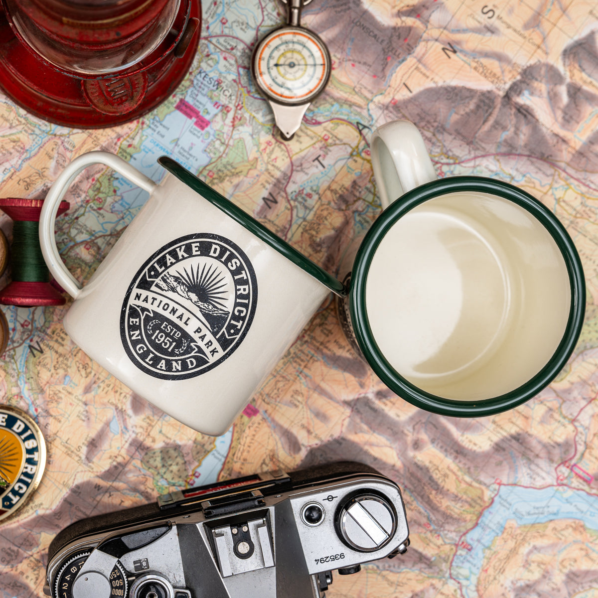 Lake District National Park camp mug close-up - hard enamel camping mug retro design