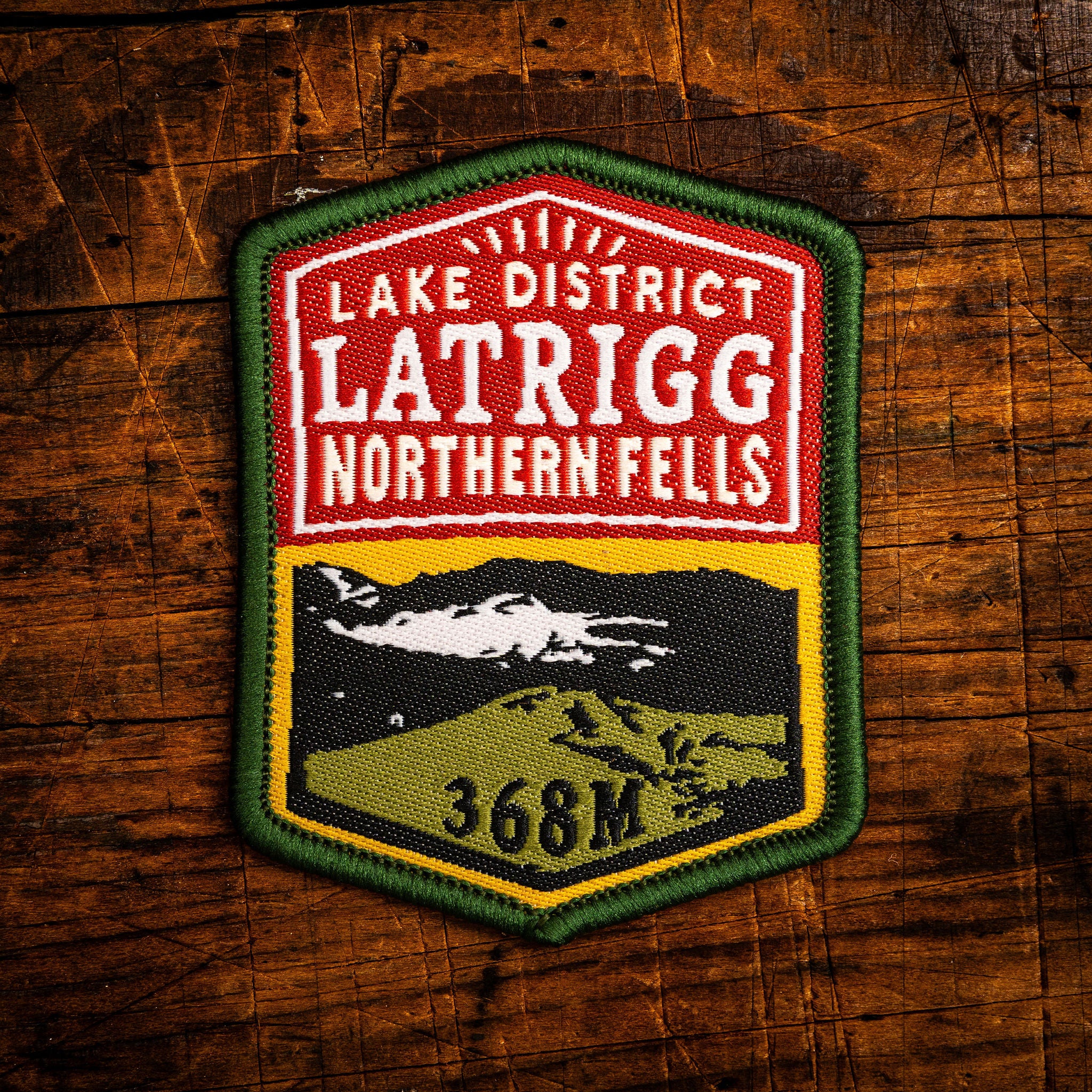 Latrigg retro woven patch – Northern Fells Wainwright, Lake District, iron-on backing, recycled yarn