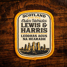 Lewis and Harris retro woven patch - largest Scottish island, Outer Hebrides, whisky label design, iron-on