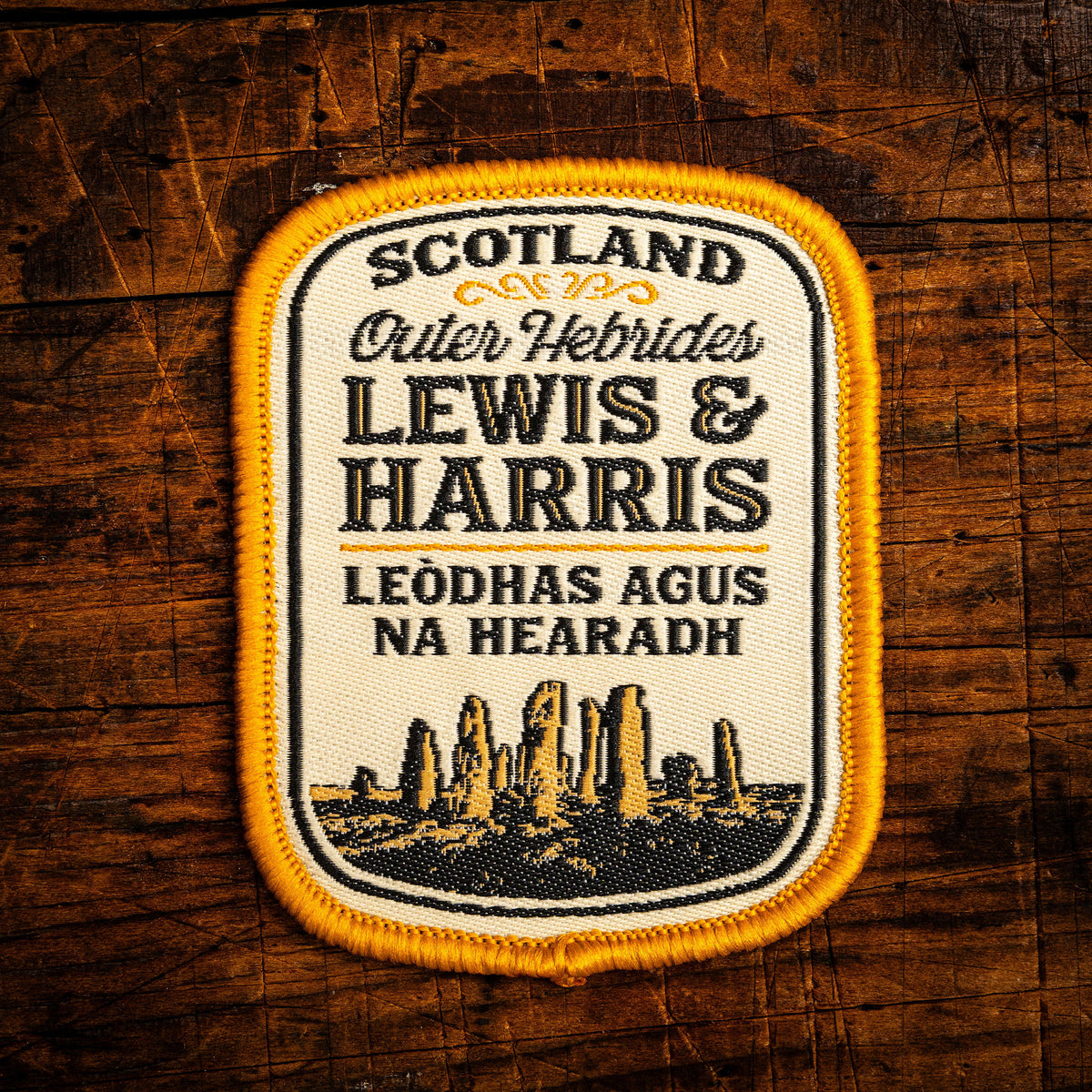 Lewis and Harris retro woven patch - largest Scottish island, Outer Hebrides, whisky label design, iron-on