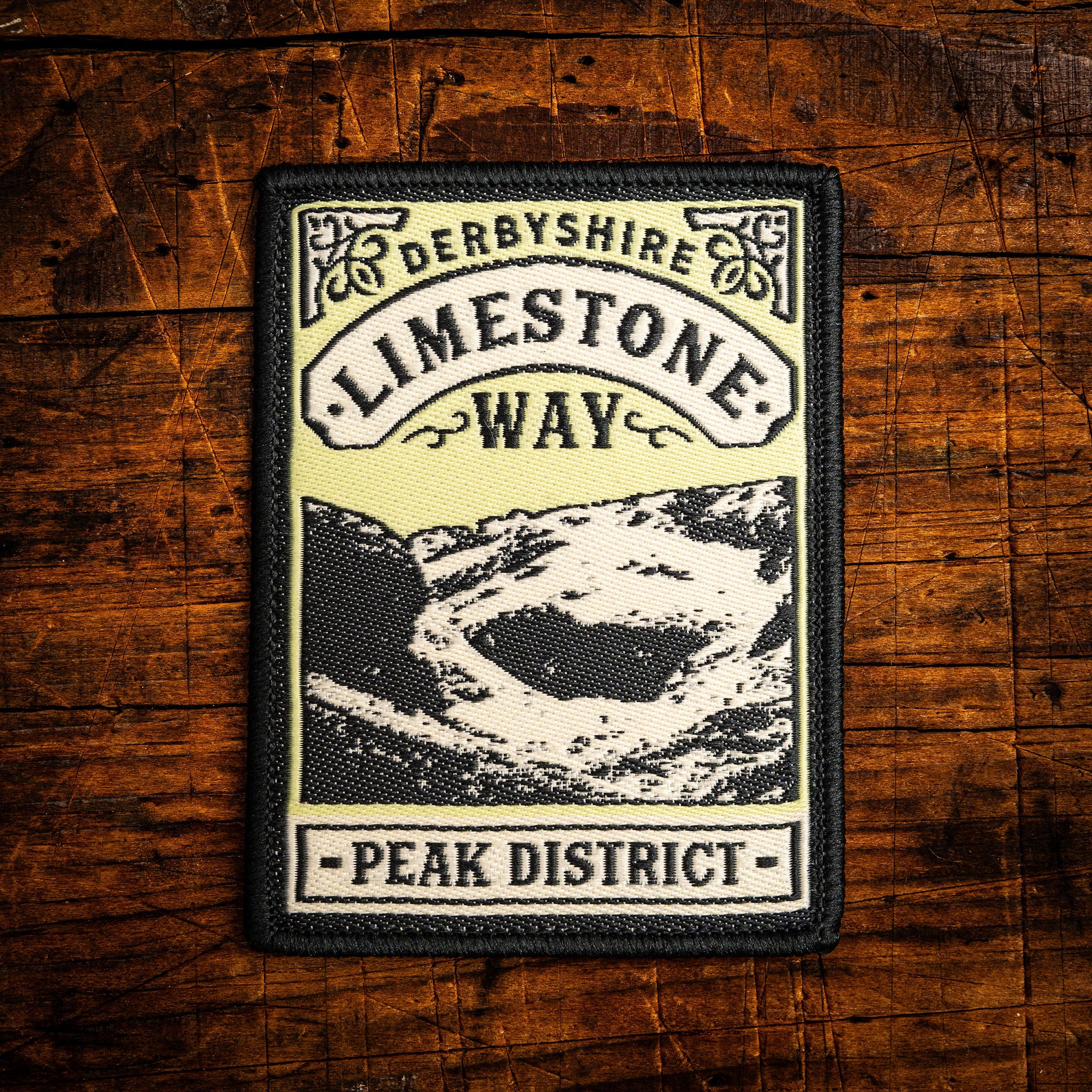 Limestone Way retro woven patch – Peak District White Peak trail, pub sign design, iron-on backing