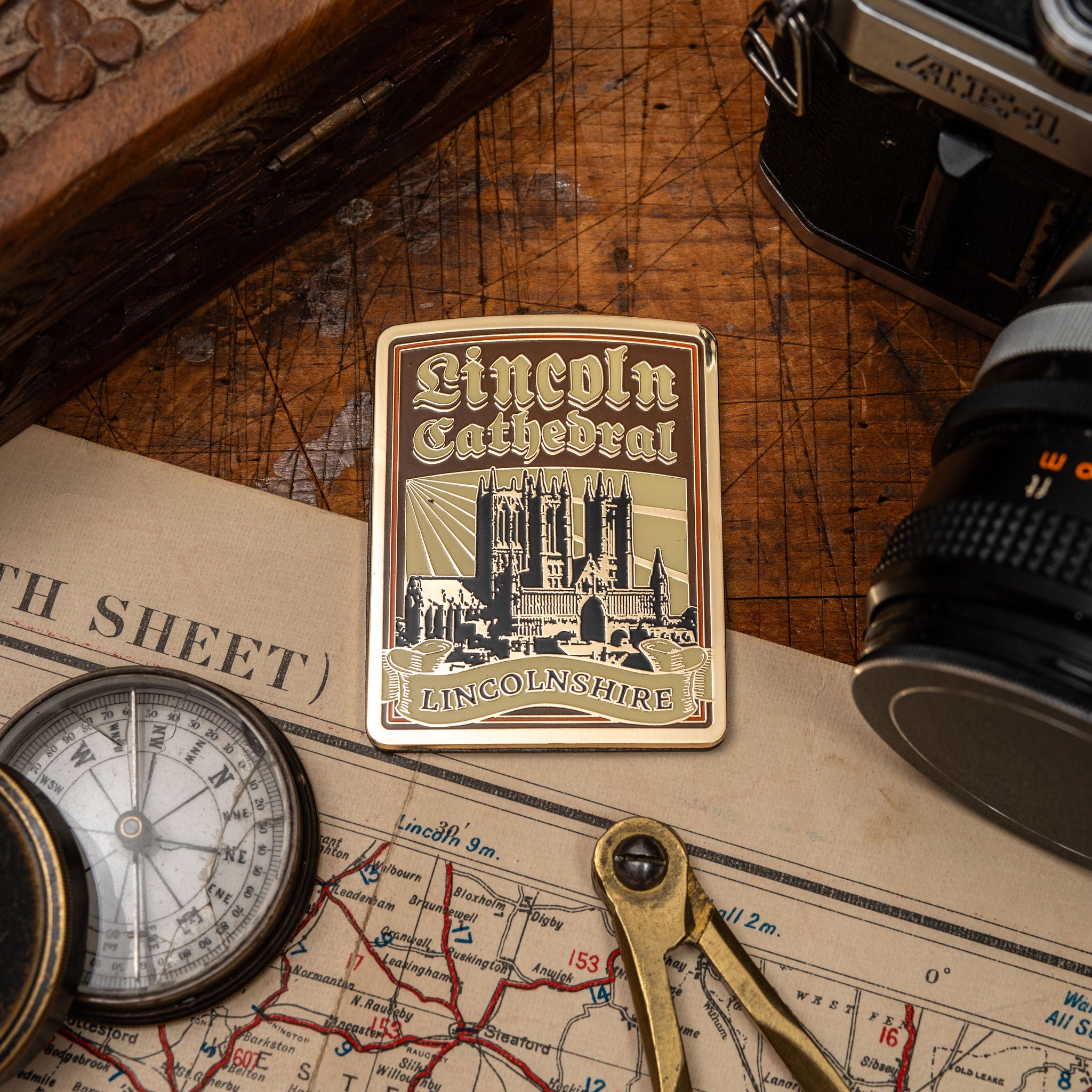 Lincoln Cathedral hard enamel fridge magnet - iconic Gothic cathedral in Lincolnshire, pub sign design