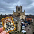 Lincolnshire patches flat-lay display with Lincoln Cathedral patch - retro woven collection
