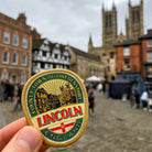 Lincolnshire patches flat-lay display - City of Lincoln patch included in retro woven collection