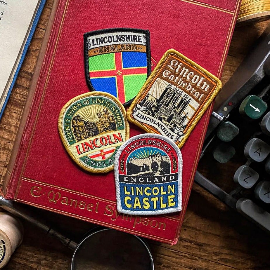 Lincolnshire patches display including County of Lincolnshire - retro woven outdoor patch collection