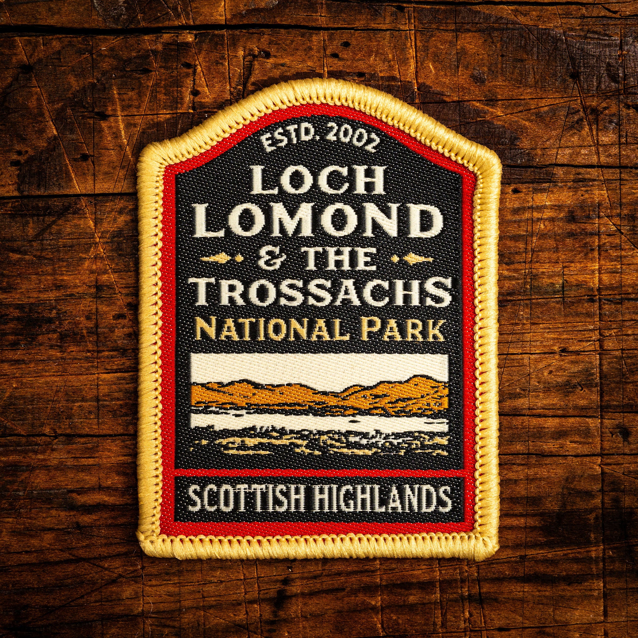 Loch Lomond & The Trossachs National Park retro woven patch – Scottish national park, whisky label design