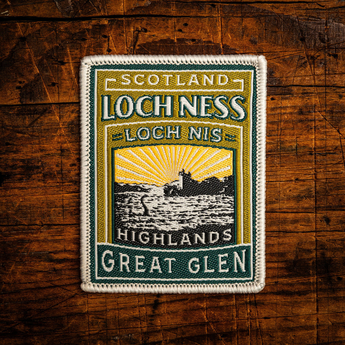 Loch Ness retro woven patch - world-famous Scottish loch, whisky label design, iron-on backing