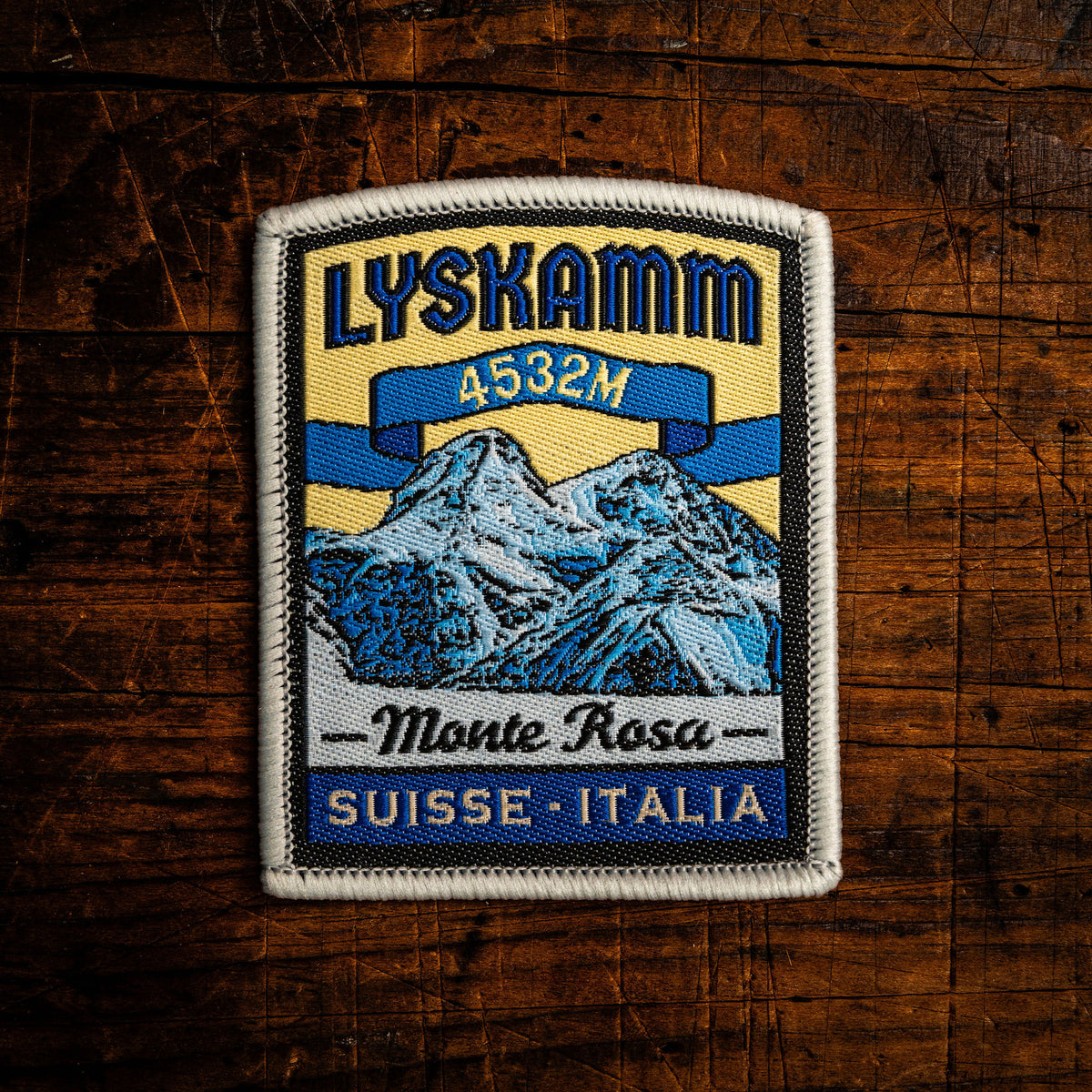 Lyskamm retro woven patch - classic 4000m Alps peak on Monte Rosa massif, iron-on backing