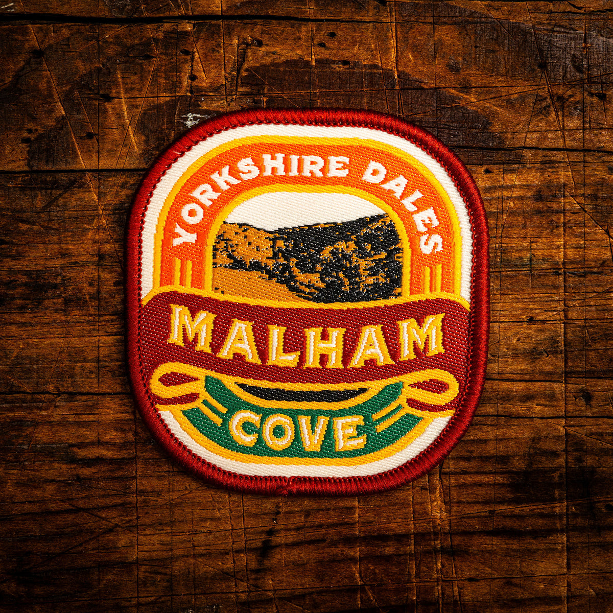 Malham Cove retro woven patch – spectacular limestone amphitheatre in Yorkshire Dales, iron-on backing